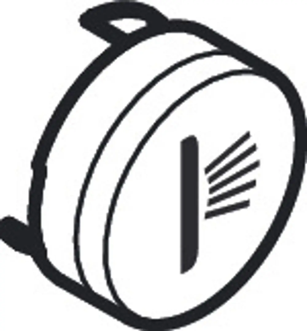 Weißer Druckknopf mit symbolischer Darstellung einer Seitenbrause. Zum Einsatz in Badezimmern, hergestellt von Hansgrohe.
